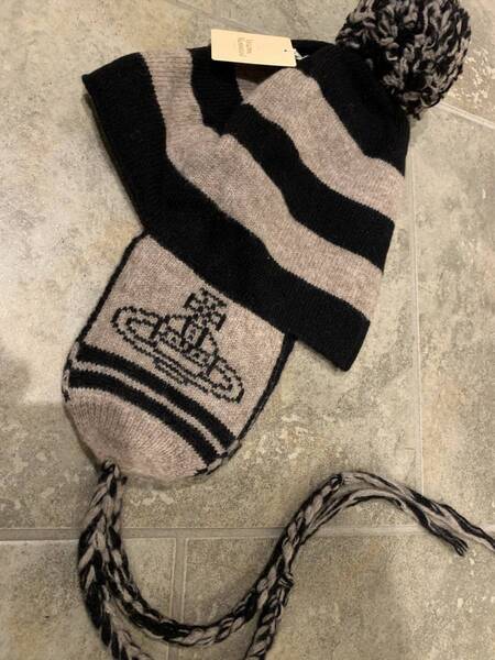 新品デッドストックVivienne Westwood ヴィヴィアンウエストウッド ボンボン付耳あてニット帽 ニットキャップ 黒グレー ボーダー