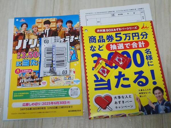 懸賞 キャンペーン 応募 チョコモナカジャンボ バーコード3枚、あずきバー 応募マーク7枚 ハガキ各6枚