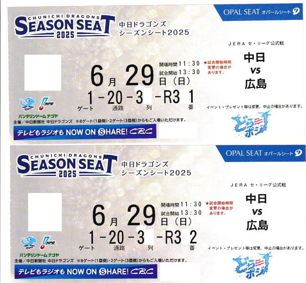 6月29日(日)中日対広島戦オパールシート一塁側(内野B)2席(送料込)
