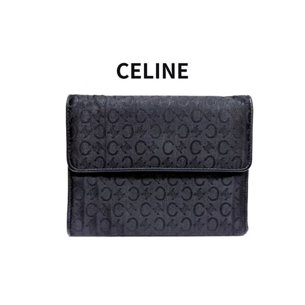 【鑑定済】CELINE セリーヌ Cマカダム 総柄 三つ折り 財布 ブラック 黒 ジャガード レザー オールドセリーヌ ヴィンテージ 【送料無料】