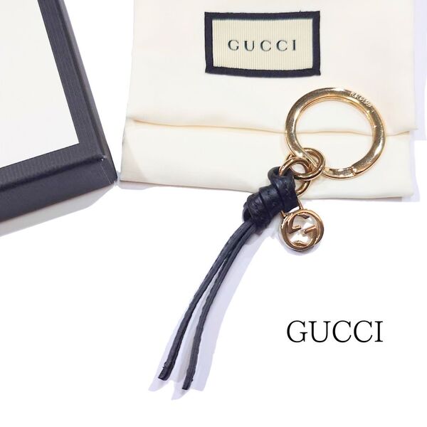 【鑑定済】GUCCI グッチ キーホルダー キーリング チャーム インターロッキングG ダブルG 324403 ブラック ライトゴールド【送料無料】