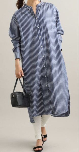 ↓春夏★Visビス×鎌倉シャツMaker's Shirt★人気ドロップショルダーストライプ柄シャツワンピース M ネイビー×ホワイト