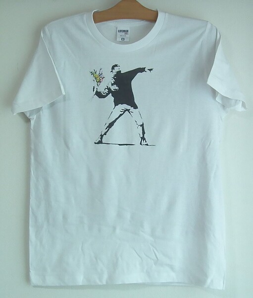 新品・送料込★アートTシャツ★白半袖★バンクシー★花束★スロー★banksy