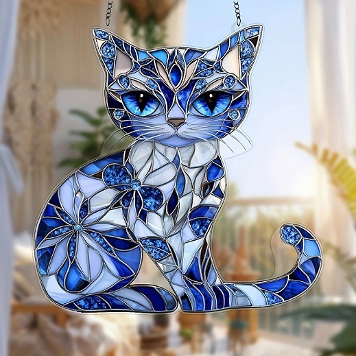 青と白の猫 サンキャッチャー ステンドグラス風 アクリル板(2D)