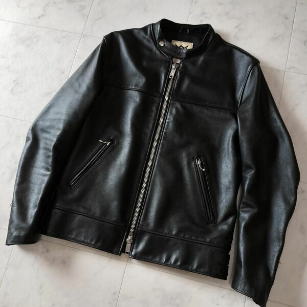 美品日本製 白タグ 666 マンダリンカラーシングルライダースジャケット 38 トリプルシックス ステアハイド レザージャケット 本革 牛革