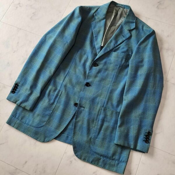 kiton カシミヤ100% チェックテーラードジャケット ブルー 48 R8 キートン グレンチェック サックスブルー イタリア製 高級 M TAGLIATORE
