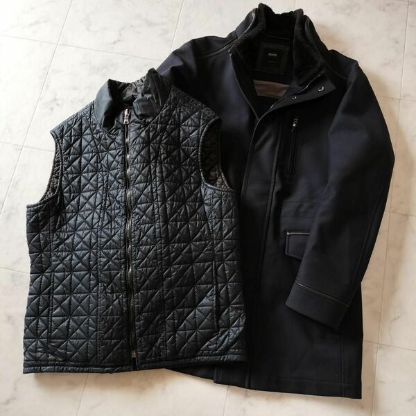 HUGO BOSS 3wayスタンドカラーコート キルティングベスト付 襟ファー ヒューゴボス ウール クワイエットラグジュアリー リアルファー