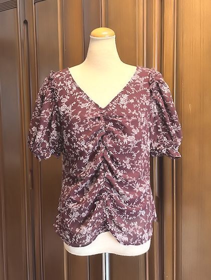 値下★MOUSSY マウジー★シャーリングギャザードレープ・フラワーフリル・パフスリーブ・ブラウス・裏地付・2/M~L★美品