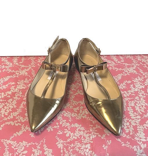 JIMMY CHOO ジミーチュウ★リボンTストラップ・メタリックレザー・バレエ・フラット・シューズ・パンプス・ゴールド・35★美品