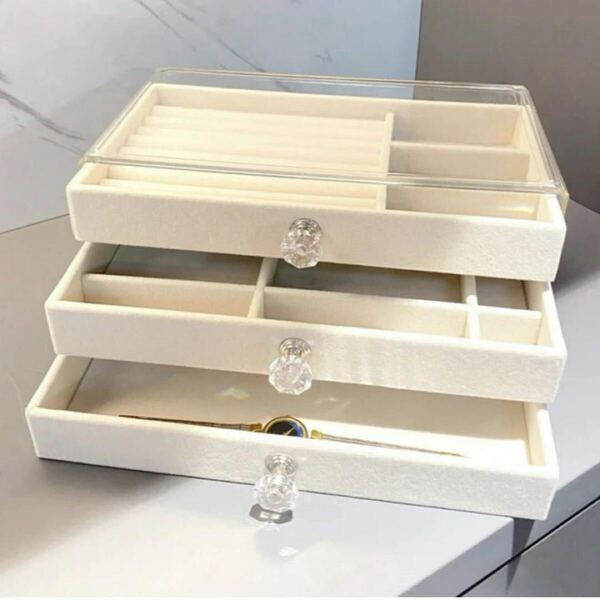 ジュエリーケース ボックス ベージュ 3段 アクセサリーケース 収納 小物入れ コレクション サングラス 指輪 ネックレス 時計 整理