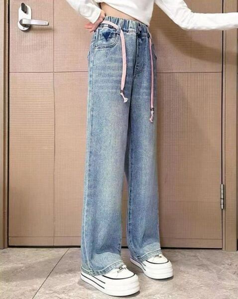 キッズデニムパンツ 130 リボンデザイン 紐ベルト付き リボン 女の子 ジーパン 韓国 ワイドパンツ キッズパンツ デニム