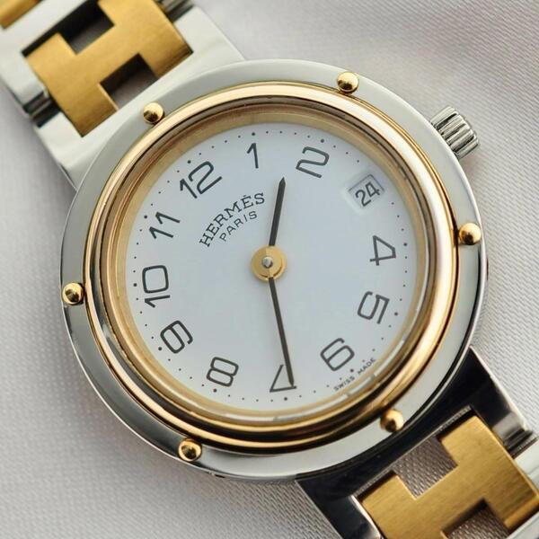 HERMES エルメス 磨き済 クリッパー コンビ ホワイト 腕時計 585412