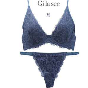 ブラジャーショーツセット 安い 三角ブラジャー インナー 下着 Tバック ショーツ ビキニパンツ ブルー Mゴージャス総レース