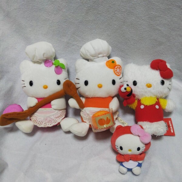 ハローキティ ぬいぐるみ マスコット 4個セット シェフ コック さくらんぼ オレンジ みかん エルモ 赤ずきん フルーツ 果物