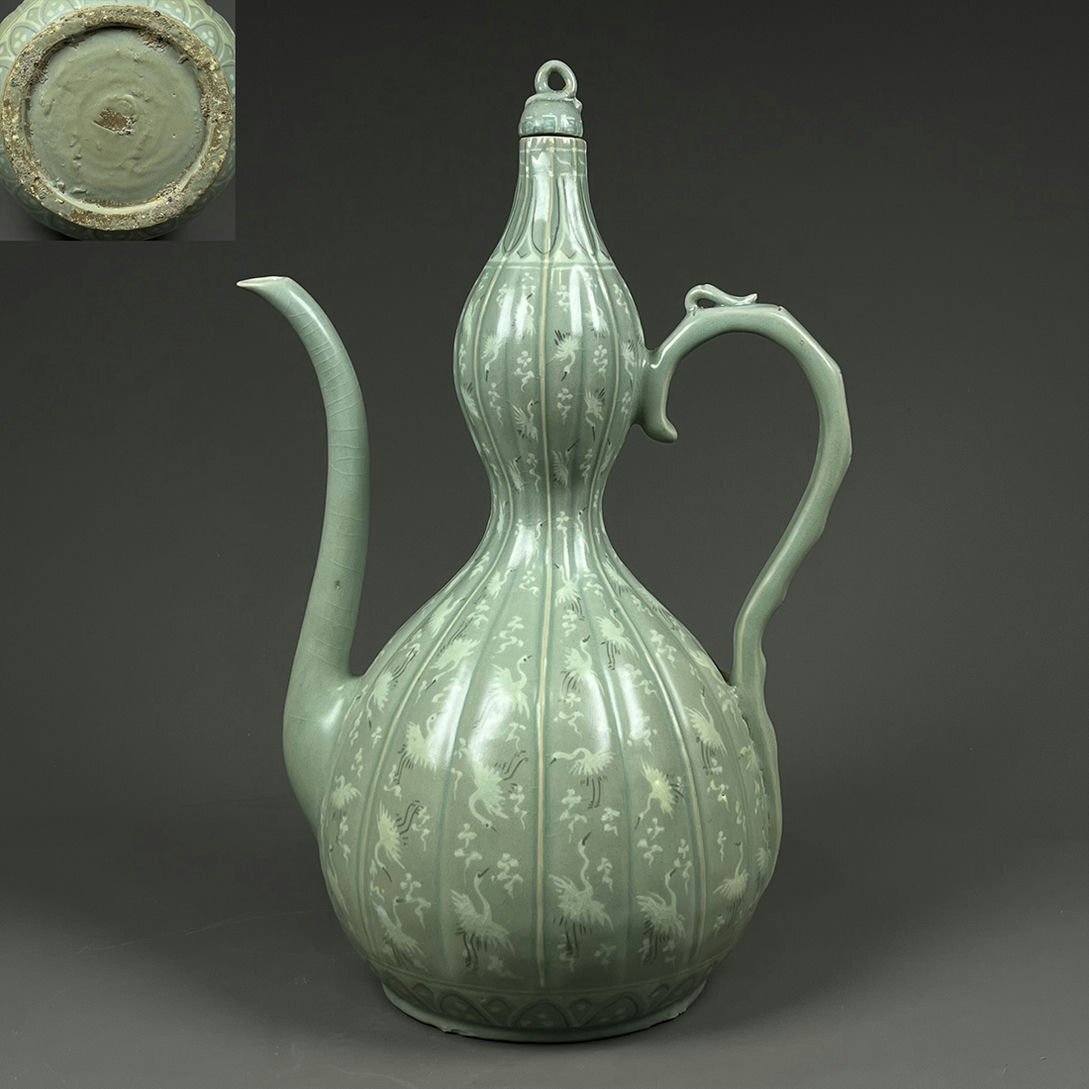 茶道具 古石作高麗青磁 『雲鶴文』象嵌梅瓶 飾壺 高さ32㎝★美品★ 茶道具 古石作高麗青磁 『雲鶴文』象嵌梅瓶 飾壺 高さ32