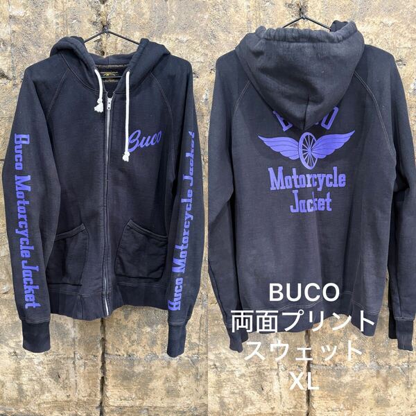 BUCO ブコ スウェットパーカー ジップアップ レーシングジャケット ブラック×ブルー XL 即決