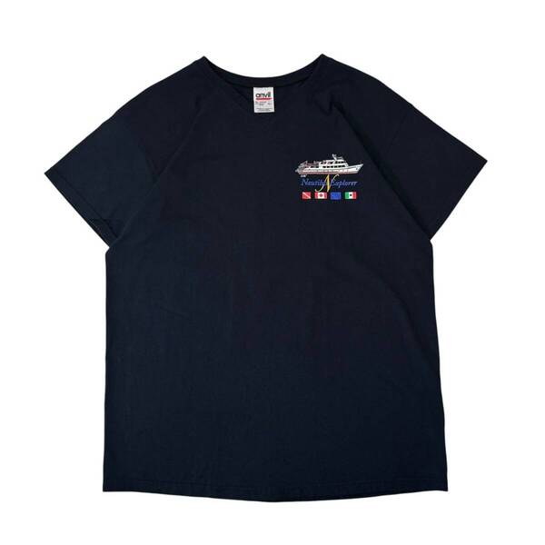 レディースL 90s〜00s USA製 anvil Vネック Tシャツ 船 プリント ワイド ブラック
