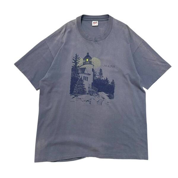 【2XL】90s USA製 ナス紺 サンフェード Anvil Tシャツ 灯台 アート シングルステッチ ヴィンテージ ネイビー ビッグサイズ
