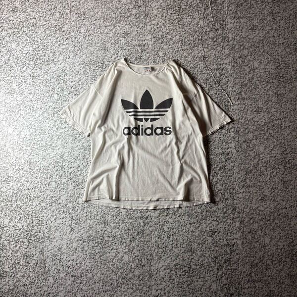 【80s USA製】アディダス 万国旗タグ トレフォイル カットオフTシャツ ホワイト XLサイズ 古着 ヴィンテージ 半袖Tシャツ