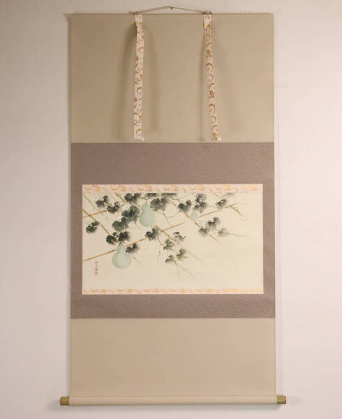 【真作】美品 日本画 田中松泉「瓢箪・雀」彩色 紙本 掛け軸 木箱 水彩画 鳥 横物 MA636