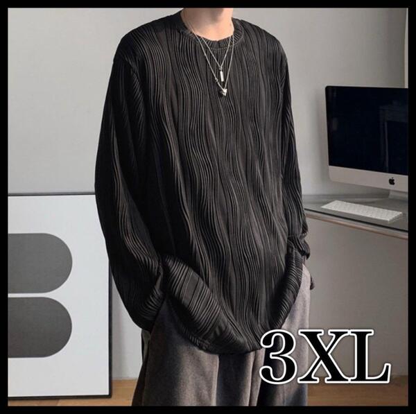Tシャツ 黒 3XL 韓国 カジュアル 長袖 薄手 オールシーズン Uネック