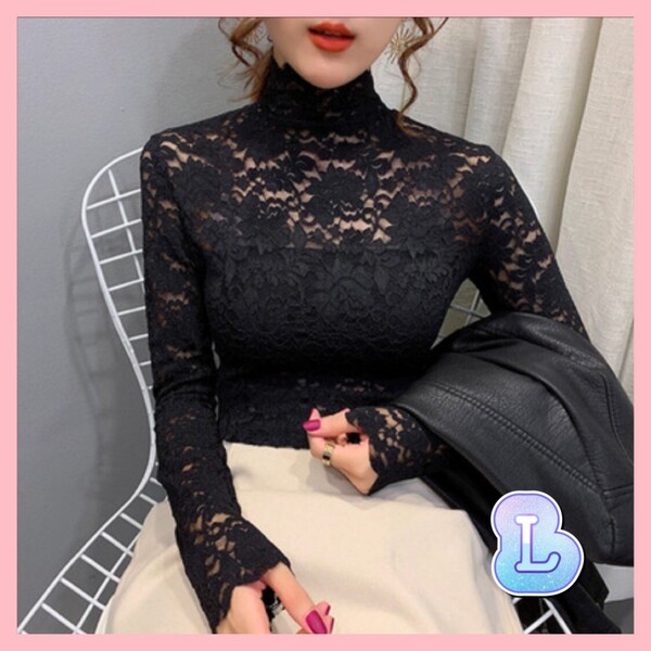 新品 春服 夏服 ブラウス L ハイネック 花柄 レース 黒 ブラック パフ袖 シースルー 長袖 通勤 通学 透け感