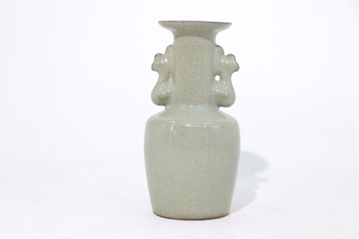 青磁 氷裂釉 双耳 砧 花瓶 / 中国美術 壺 花器 哥釉 哥窯
