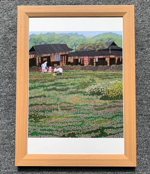 ■原田泰治『のどか 兵庫県五色町』B5サイズ 額入り 貴重イラスト 印刷物 ポスター風デザイン 額装品 アートフレーム インテリア