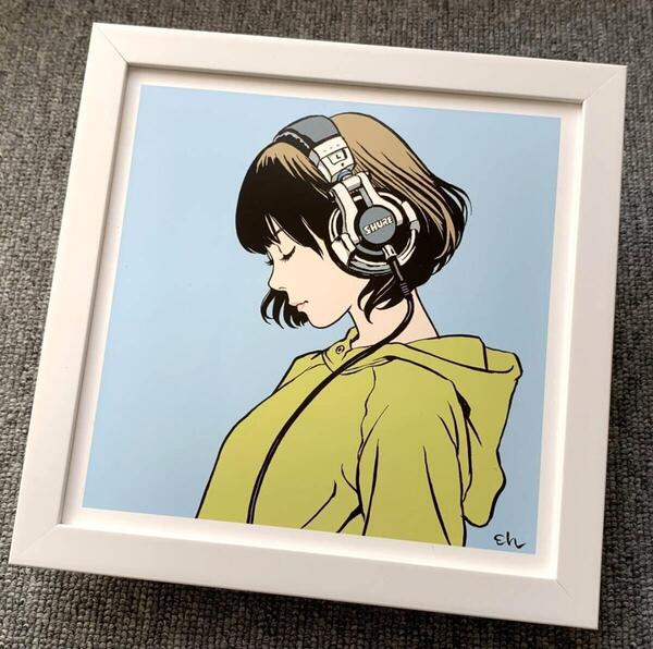 ■江口寿史『LISTEN TO THE MUSIC』スクエア 20cm×20cm 額入り 貴重イラスト 印刷物 ポスター風デザイン 額装品 アートフレーム 美女