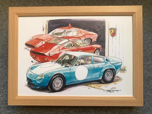 ■BOW。池田和弘『Abarth Simca 2000 Corsa Coupe』B5サイズ額入り 貴重イラスト 印刷物 ポスター風デザイン 額装品 アートフレーム 旧車