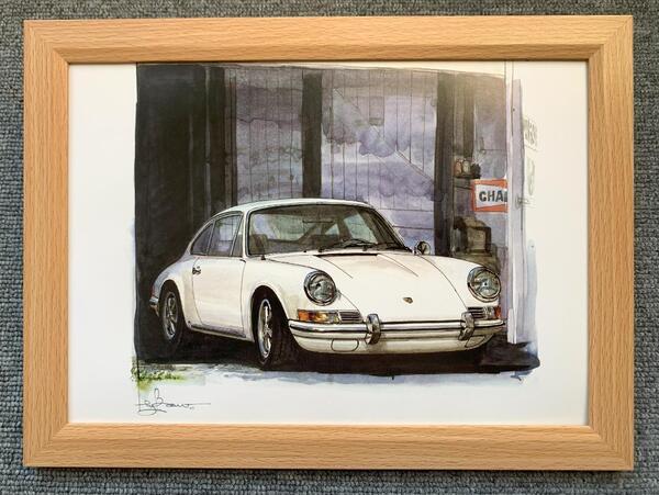 ■BOW。池田和弘『Porsche 911』B5サイズ額入り 貴重イラスト 印刷物 ポスター風デザイン 額装品 アートフレーム 旧車