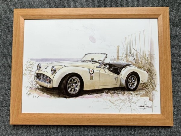 ■BOW。池田和弘『Triumph TR3』B5サイズ 額入り 貴重イラスト 印刷物 ポスター風デザイン 額装品 アートフレーム 旧車