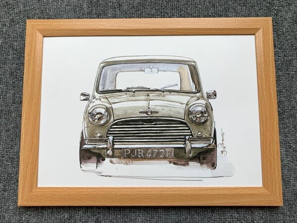 ■BOW。池田和弘『Morris Mini Cooper-S』B5サイズ 額入り 貴重イラスト 印刷物 ポスター風デザイン 額装品 アートフレーム 旧車