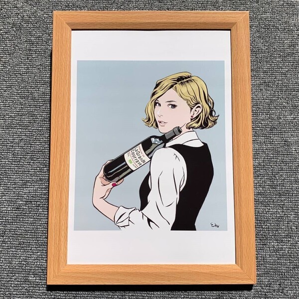 ■江口寿史『ワインボトルと美女 R』B5サイズ 額入り 貴重イラスト 印刷物 ポスター風デザイン 額装品 アートフレーム インテリア 美女