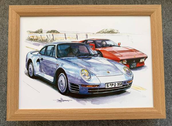 ■BOW。池田和弘『Porsche 959』B5サイズ額入り 貴重イラスト 印刷物 ポスター風デザイン 額装品 アートフレーム 旧車