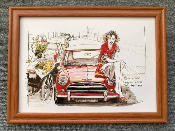 ■BOW。池田和弘『Morris Mini Cooper 1300S Mk-Ⅱ』B5サイズ額入り 貴重イラスト 印刷物 ポスター風デザイン 額装品 アートフレーム 旧車