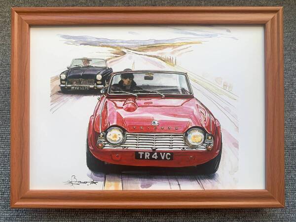 ■BOW。池田和弘『Triumph TR4』B5サイズ額入り 貴重イラスト 印刷物 ポスター風デザイン 額装品 アートフレーム 旧車