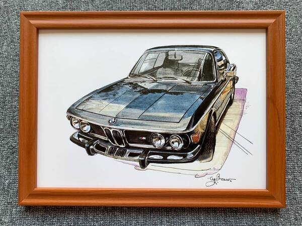 ■BOW。池田和弘『BMW 3.0CS』B5サイズ 額入り 貴重イラスト 印刷物 ポスター風デザイン 額装品 アートフレーム インテリア 旧車