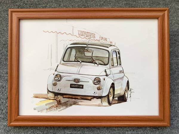 ■BOW。池田和弘『Fiat 500L』B5サイズ額入り 貴重イラスト 印刷物 ポスター風デザイン 額装品 アートフレーム インテリア 旧車