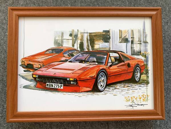 ■BOW。池田和弘『Ferrari 308GTS』B5サイズ額入り 貴重イラスト 印刷物 ポスター風デザイン 額装品 アートフレーム インテリア 旧車