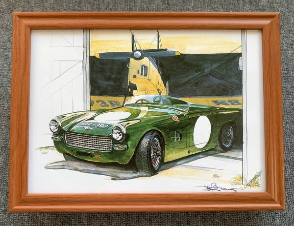■BOW。池田和弘『Austin Healey Sprite Mk-Ⅲ』B5サイズ額入り 貴重イラスト 印刷物 ポスター風デザイン 額装品 アートフレーム 旧車