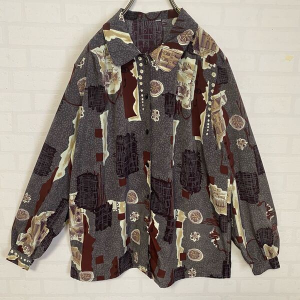 90s 古着 柄シャツ Mサイズ 長袖ポリシャツ 昭和レトロ 総柄 背景柄 個性的
