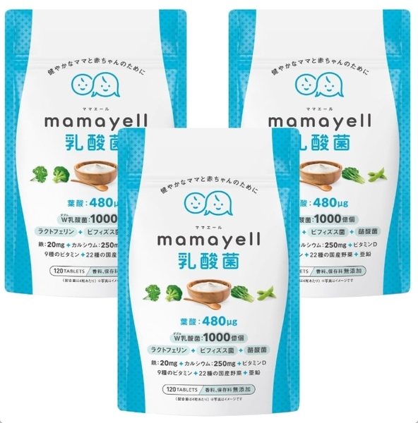 ママエール乳酸菌 葉酸 480μg 妊婦 妊娠 鉄 カルシウム ラクトフェリン ビフィズス菌 酪酸菌 亜鉛 1か月分 x 3袋 新品 送料込み