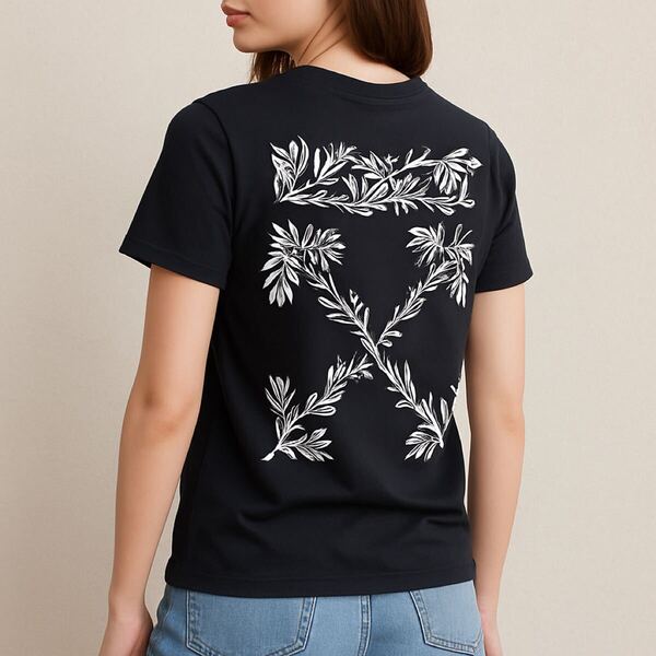 Off-White Tシャツ レディースXS 黒 背面ボタニカルプリント 綿100% ポルトガル製