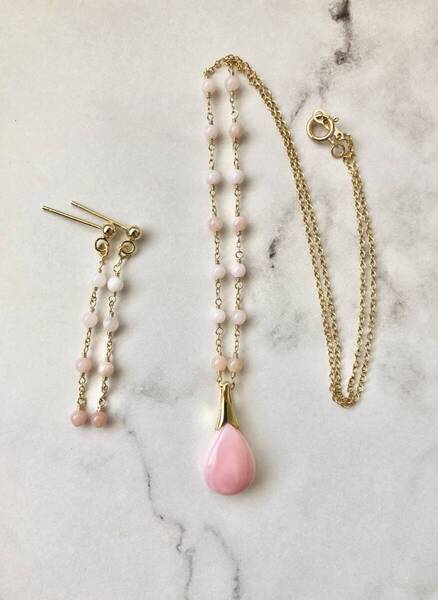 クイーンコンクシェルとピンクオパール ネックレス&ピアス ゴールドフィルド K14GF