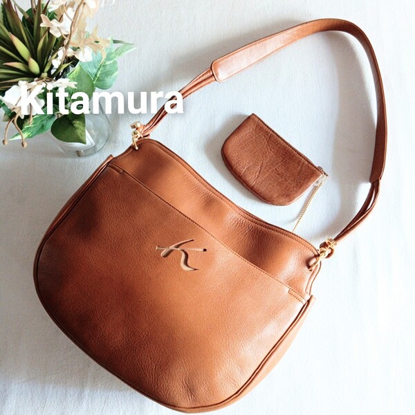 美品 キタムラ キャメル レザー ショルダーバッグ 鞄 茶色 レディース メンズ