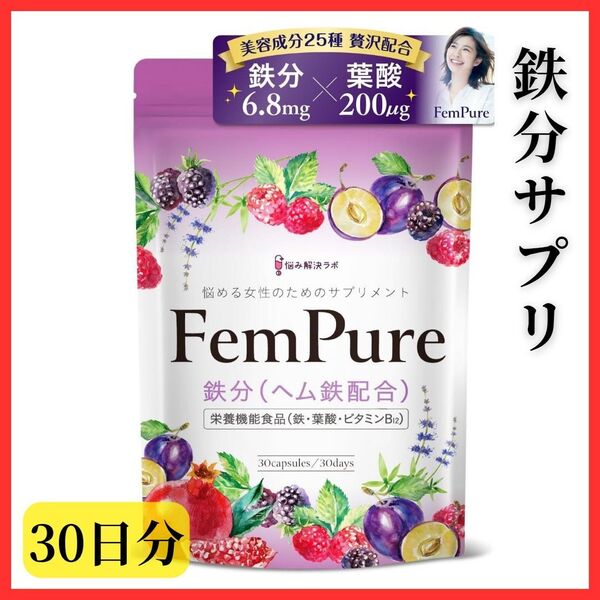 【女性に嬉しい】鉄分サプリメント ヘムピュア ヘム鉄 葉酸 亜鉛 ビタミンB12 サポート 健康 30日分 亜鉛 美容成分 栄養
