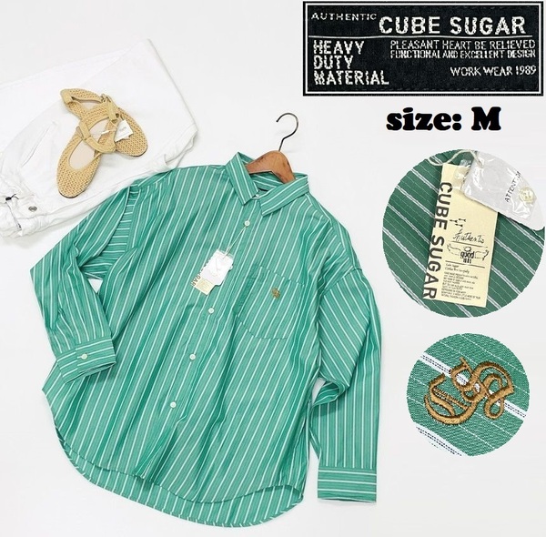 CUBE SUGAR /M/ グリーン ワイド長袖シャツ ホワイトストライプ生地 トップス ゴールド系刺繍 タグ付き スポーツ ゴルフ キューブシュガー