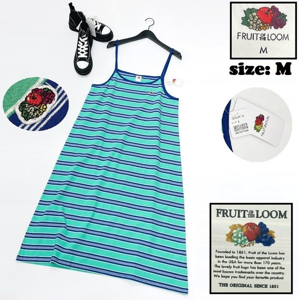 FRUIT OF THE LOOM /M/ グリーン系 ボーダー キャミソール タグ付き ワンピースブルーホワイトワッペン 生地コットン フルーツオブザルーム