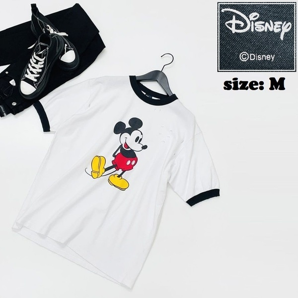Disney /M/ ホワイト×ブラック 半袖リンガーTシャツ トップス ダメージ加工 スポーツバイクキャンプアウトドア ミッキーマウス ディズニー